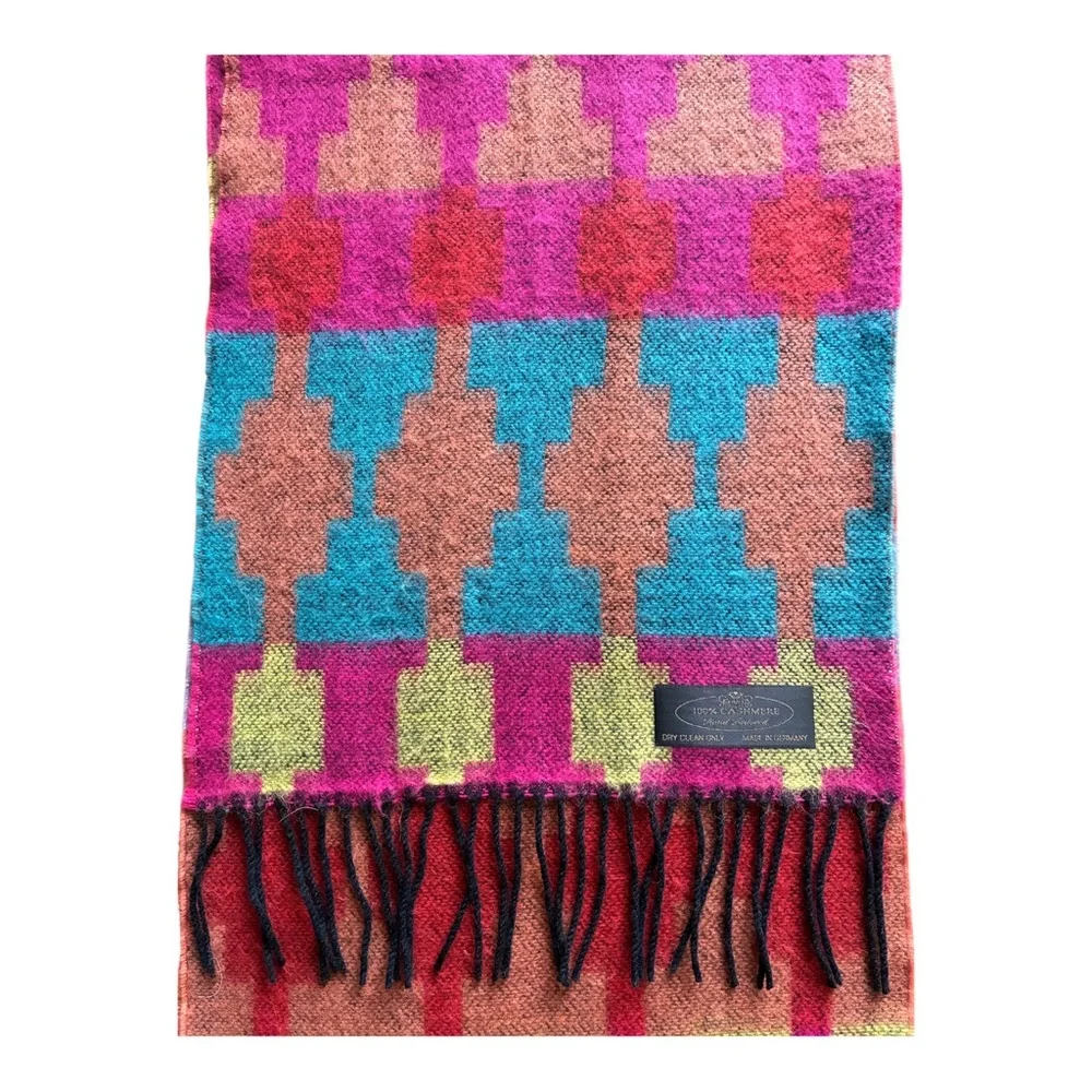 Vintage Cashmere Scarf Germany Geometric Hand Tailored Fringe 12x66